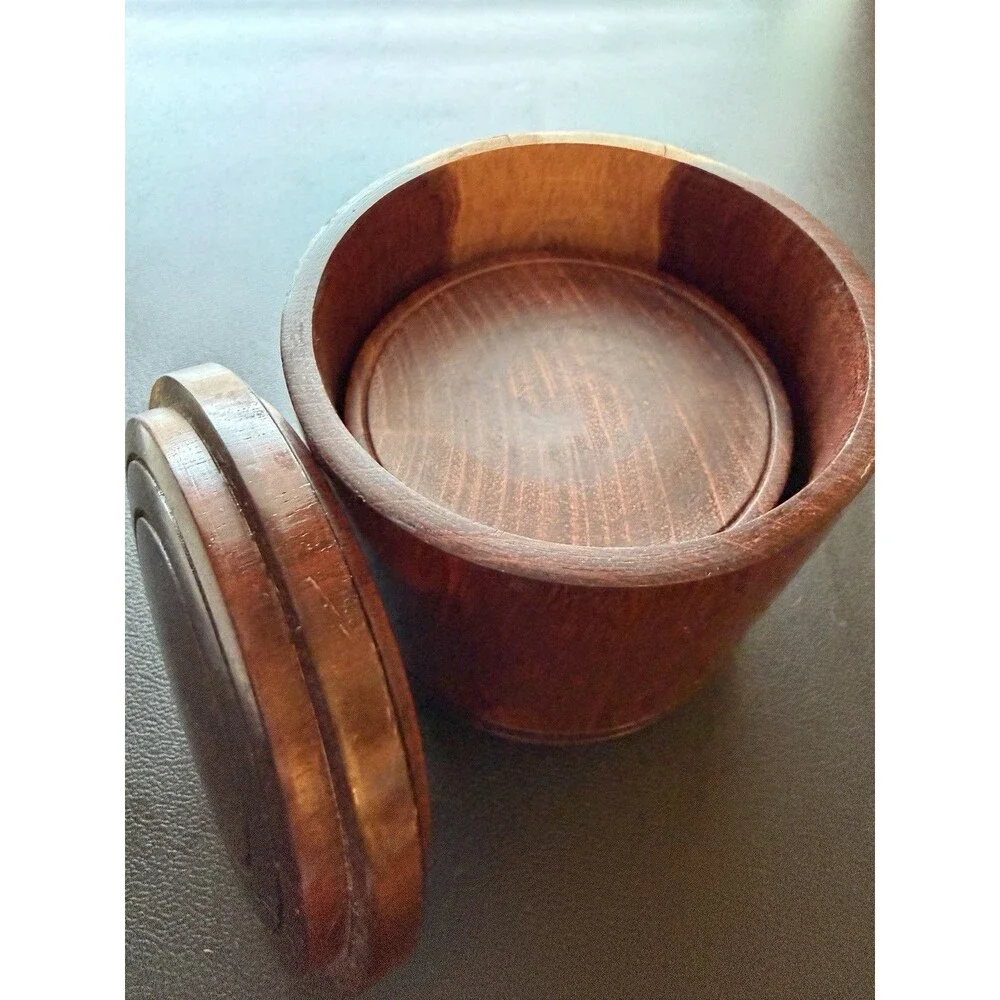 Vintage Wood Coaster Set of 5 Lidded Barrel Holder Rustic Cabin Barware Decor